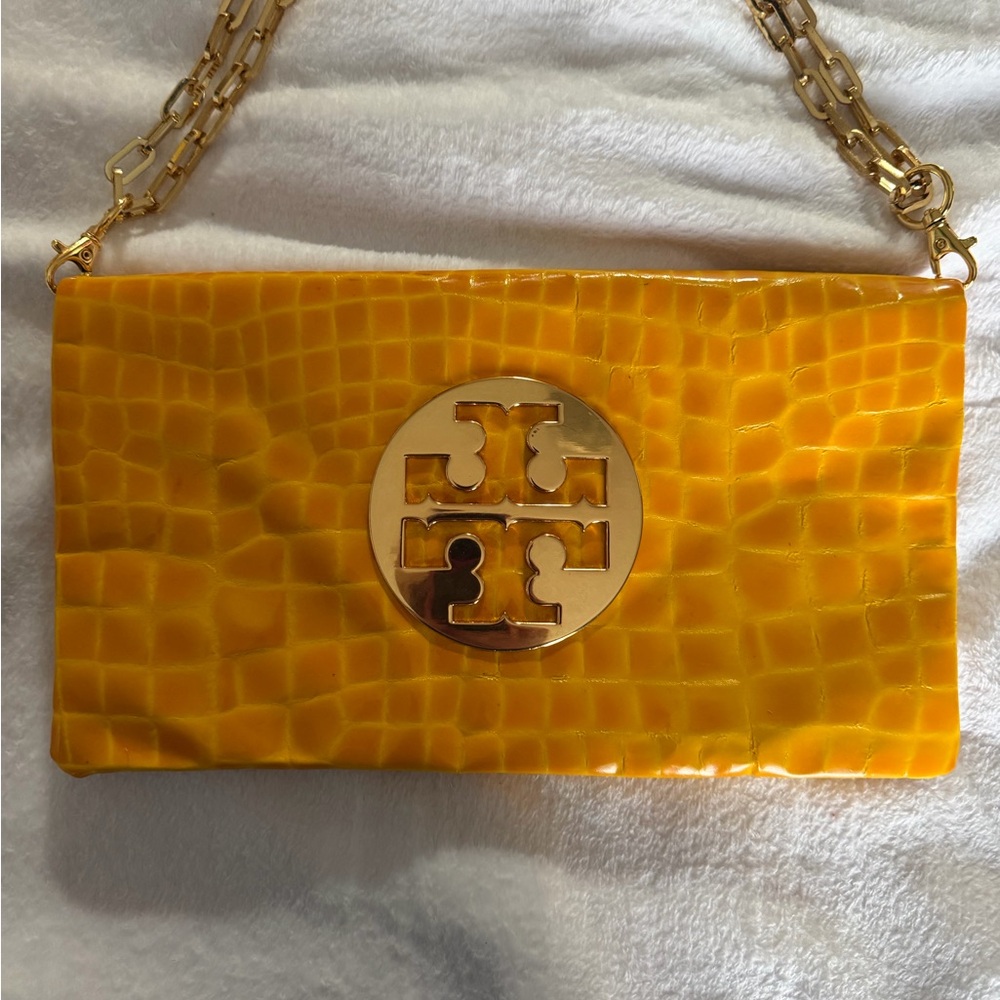 Tory Burch Yellow Croc Embossed Patent Leather Clutch Bag with  Dustbag